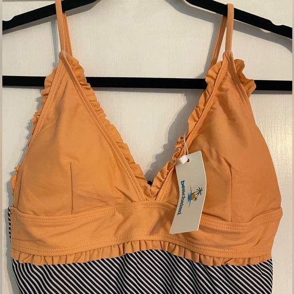 Beachsissi Peach Ruffled Black & White Stripes One-Piece Swimsuit M - Picture 4 of 10